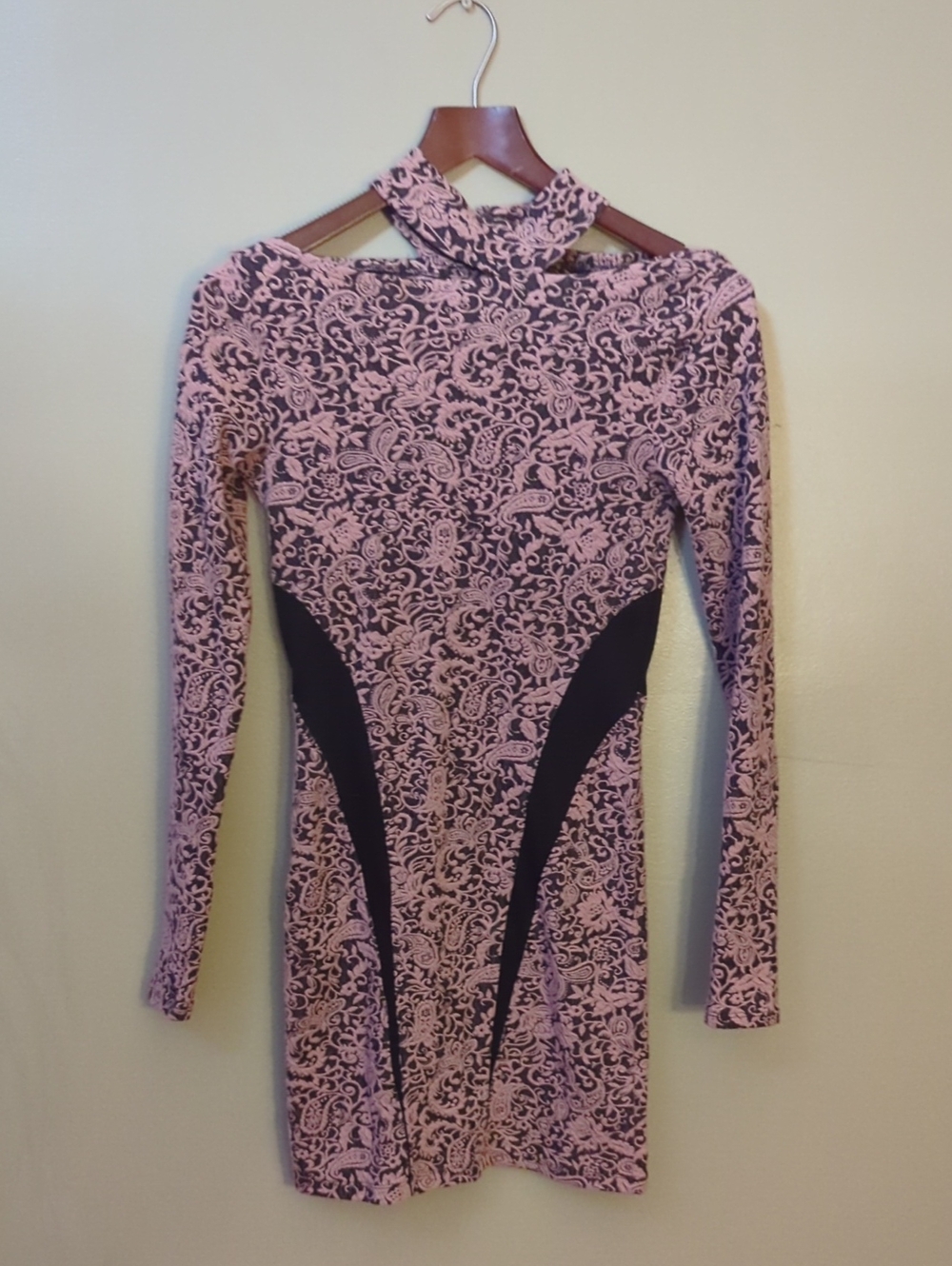 Free People Pink Paisley Long Sleeve Bodycon Dress with Black Panels